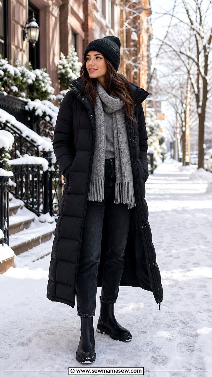 Long puffer coat with a cashmere sweater and dark denim - 25 Study abroad outfit ideas