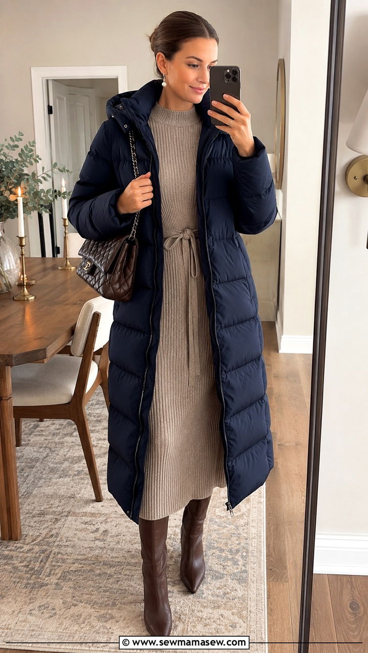 Long puffer jacket over knit dress - 30 How to style a puffer jacket