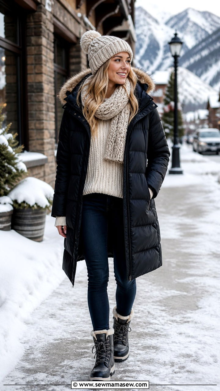 Long puffer jacket with skinny jeans and snow boots - 40 Puffer jacket outfit ideas
