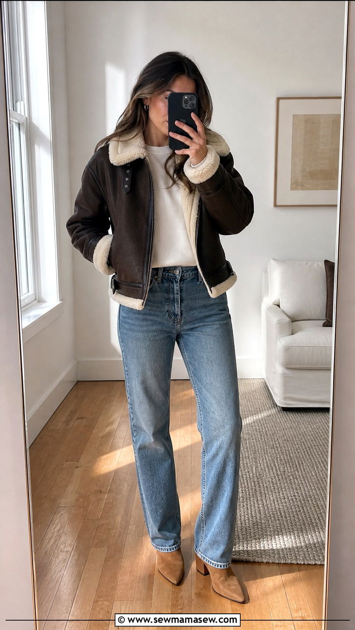 Long shearling coat with leather leggings - 40 Shearling coat outfit ideas