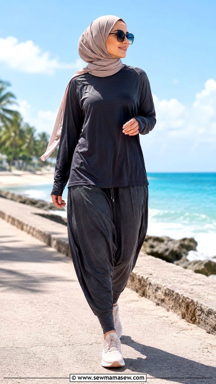 Long sleeve athletic top with harem pants and linen blend hijab - 25 Modest running outfit ideas with hijab