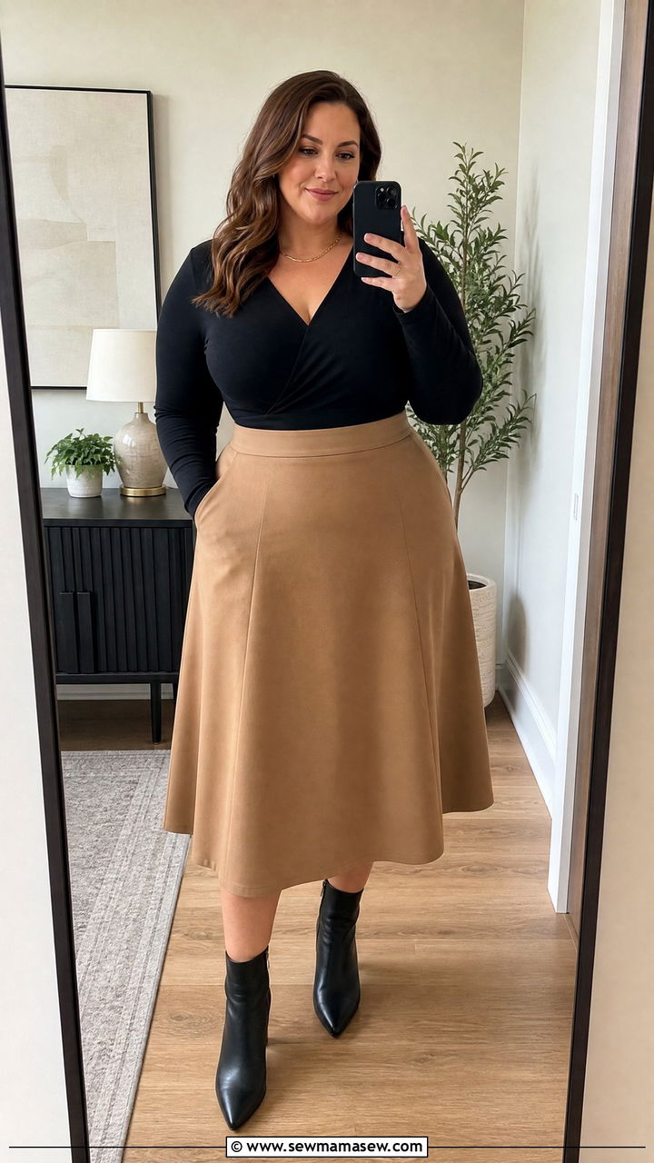 Long sleeve bodysuit with A line midi skirt - 25 Flattering outfits for big arms