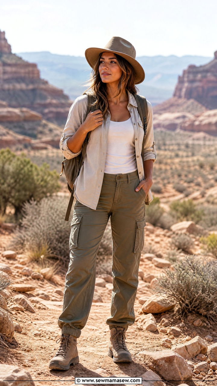 Long sleeve button up and cargo pants backpacking outfit - 20 Backpacking outfit ideas