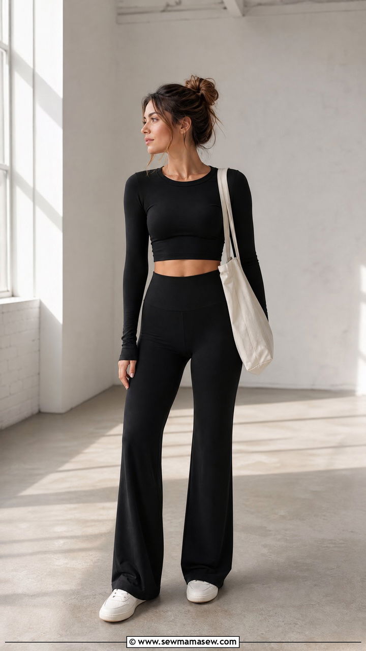Long sleeve crop top and wide leg yoga pants - 25 Aesthetic gym outfit ideas
