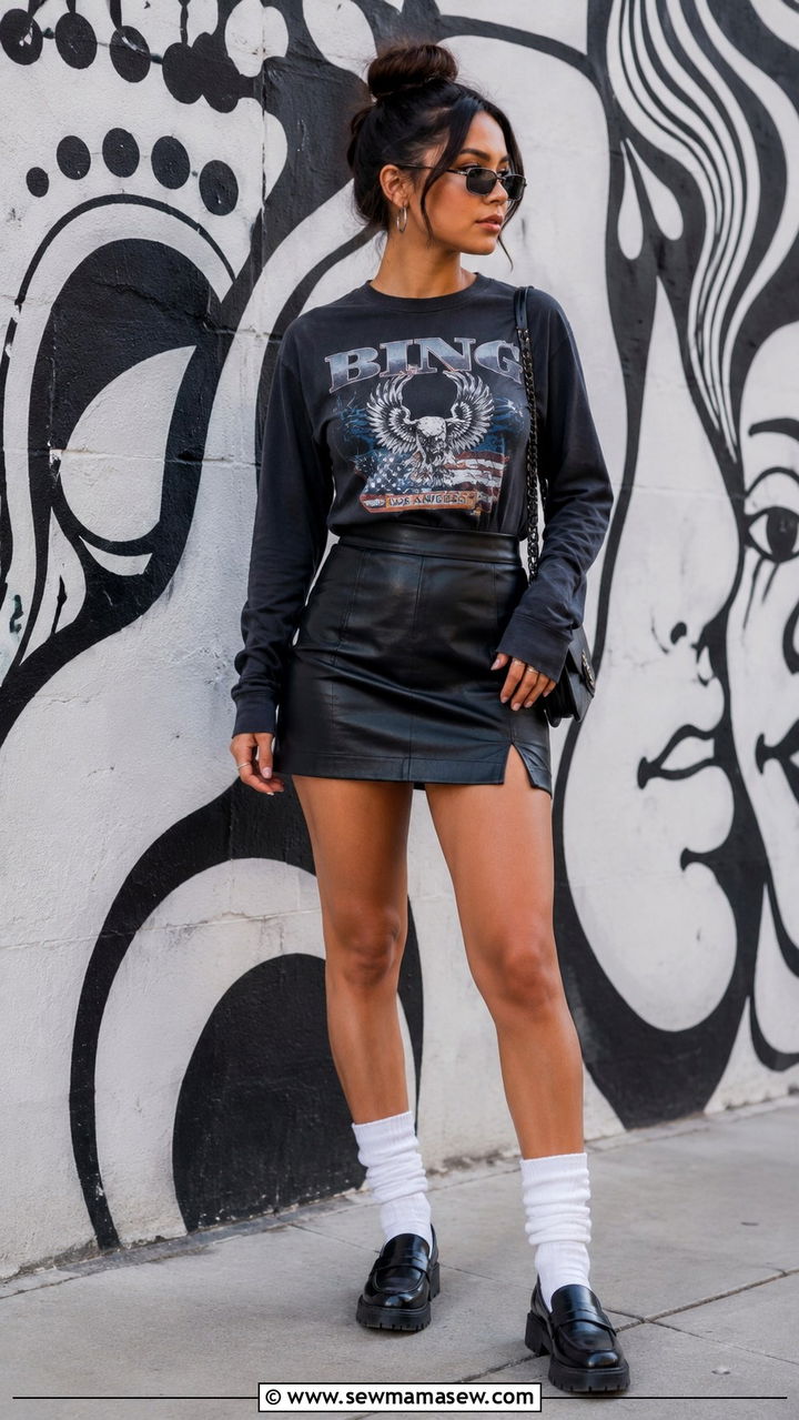 Long sleeve graphic tee with pleather mini skirt outfit - 30 Mini skirt outfit ideas with a tee