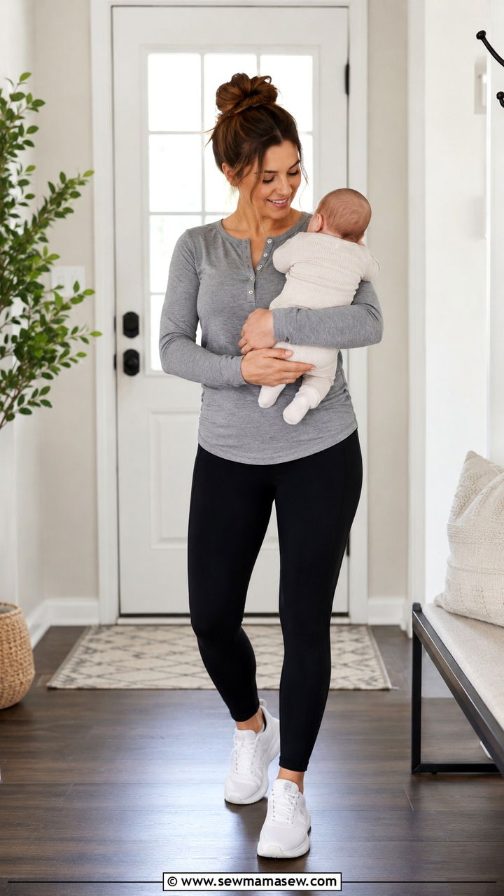 Long sleeve henley and leggings postpartum outfit - 25 outfit ideas for postpartum women