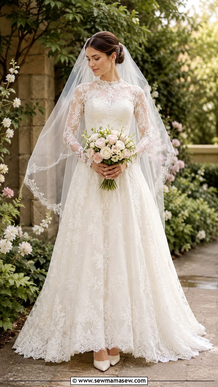 Long sleeve lace A line wedding dress outfit - 20 Modest outfit ideas for bride