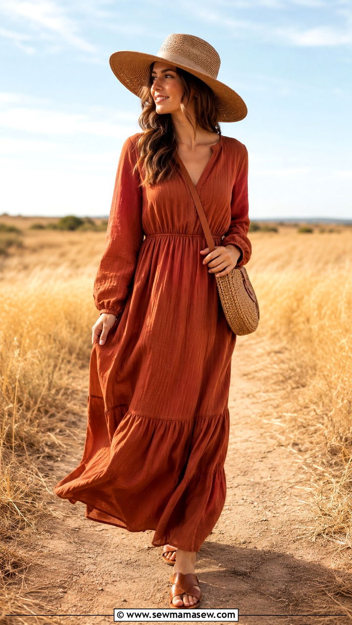 Long sleeve maxi dress with a wide brim hat and leather sandals - 30 Unpredictable weather outfit ideas