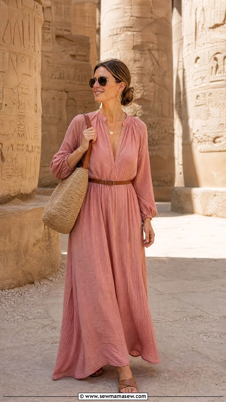 Long sleeve maxi dress with sandals Egypt - 30 Egypt vacation outfit ideas modest