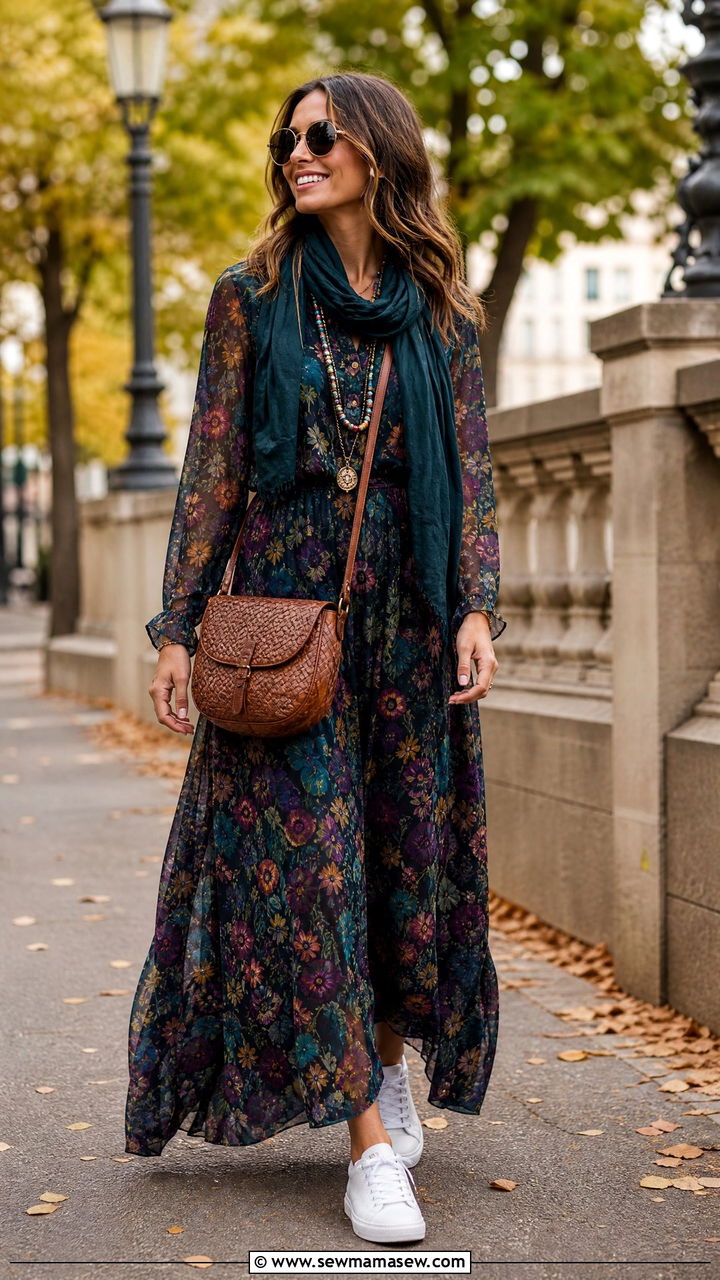 Long sleeve maxi dress with white sneakers - 30 summer to fall outfits for women