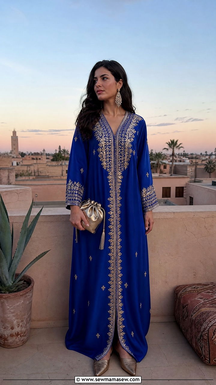 Long sleeve maxi kaftan with leather slippers - 25 Fes outfit ideas