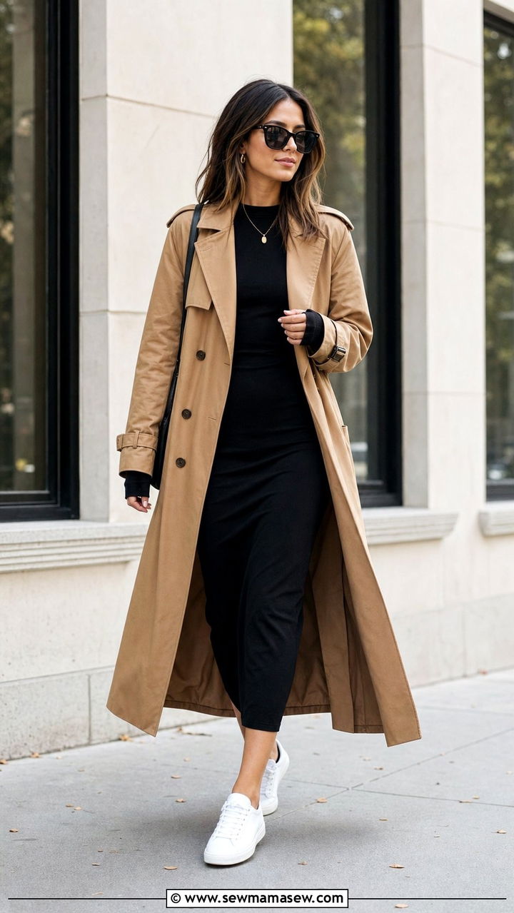 Long sleeve midi dress with a trench and white sneakers - 25 Study abroad outfit ideas