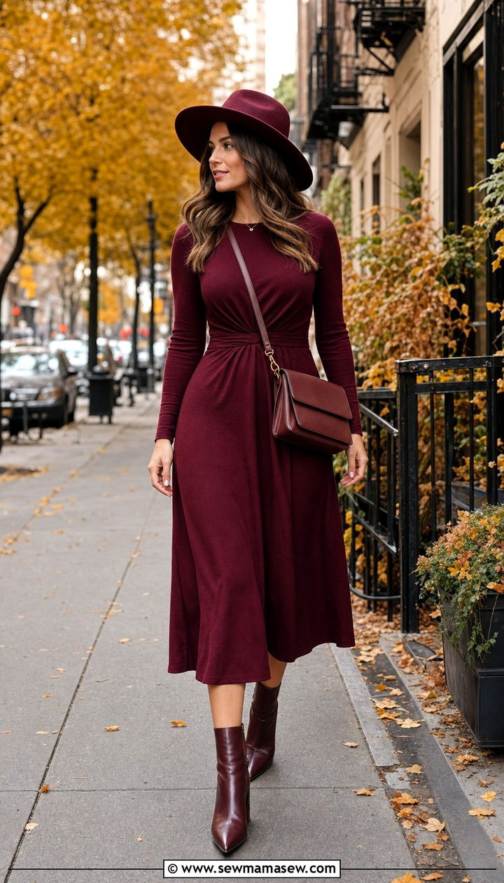 Long sleeve midi dress with ankle boots brunch look - 35 Brunch outfits for tall women