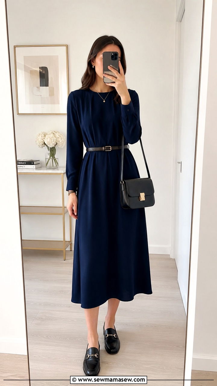 Long sleeve midi dress with loafers and a sleek belt - 30 Spring outfits with midi dresses