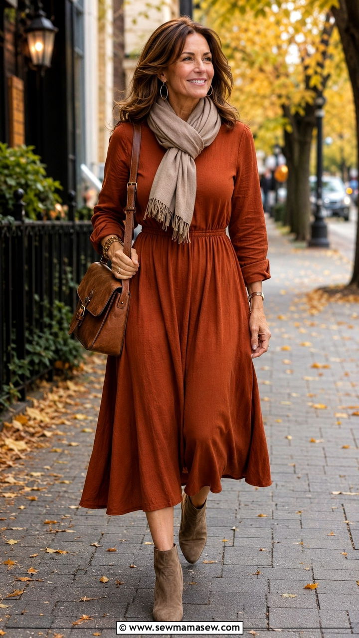 Long sleeve midi dress with suede boots - 30 Dress outfit ideas for women over 40