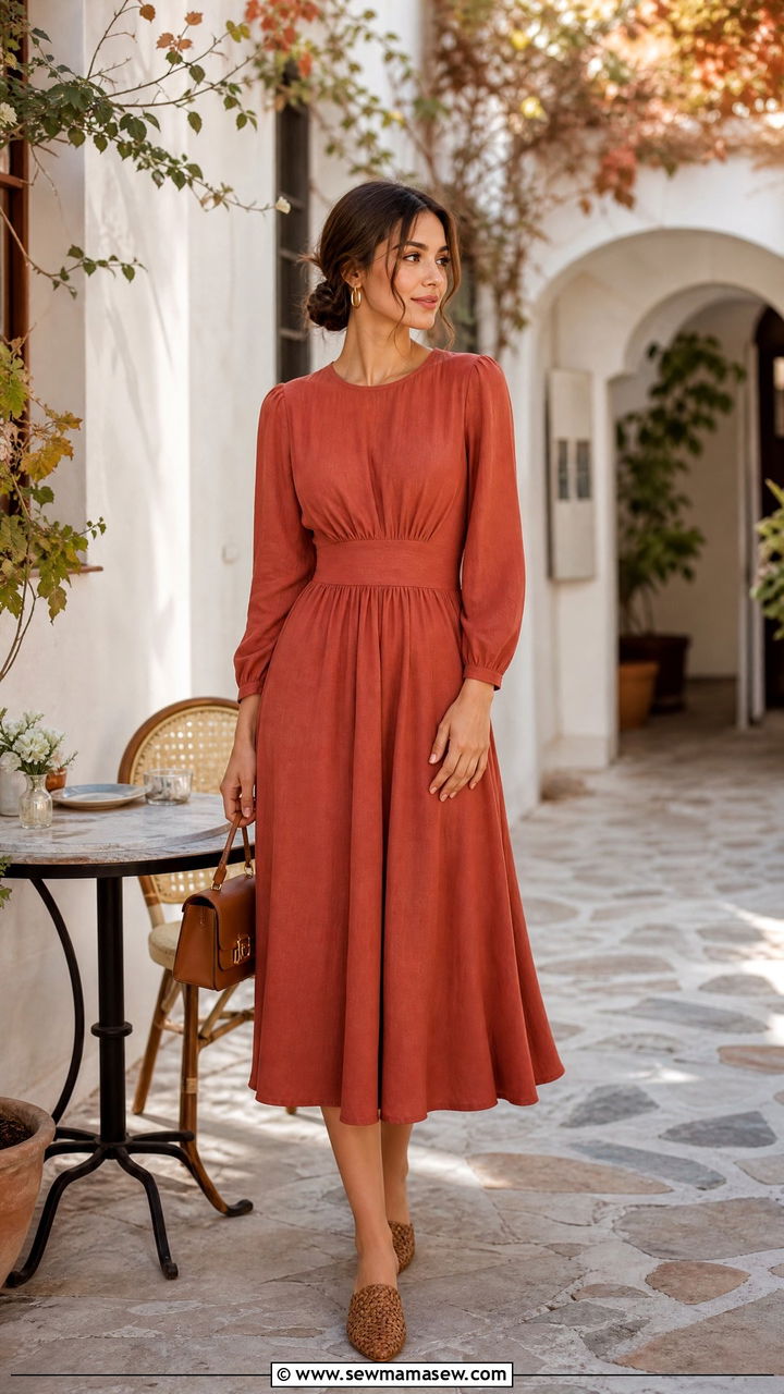 Long sleeve midi dress with woven mules - 30 modest brunch outfit ideas