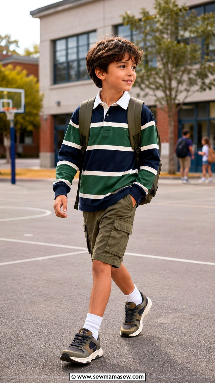Long sleeve polo and cargo shorts outfit - 30 Kids back to school outfit ideas