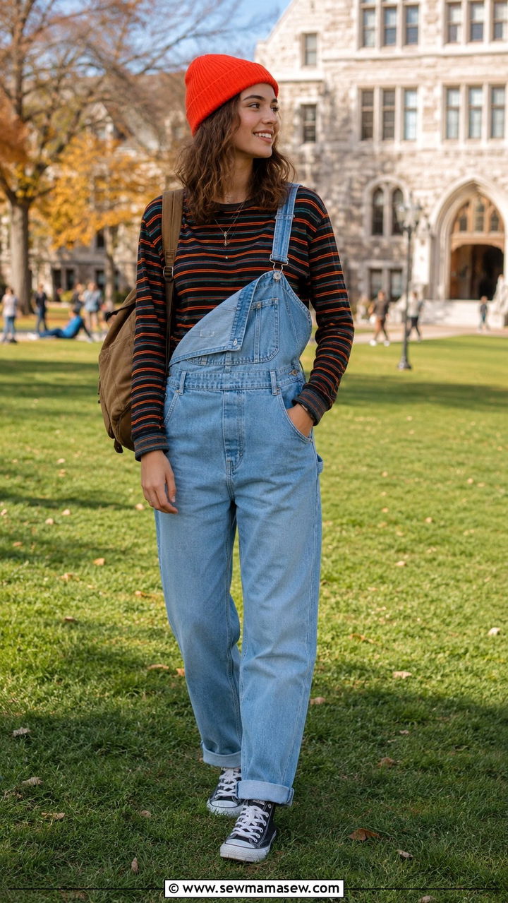 Long sleeve striped top under overalls - 30 Indie girl outfit ideas
