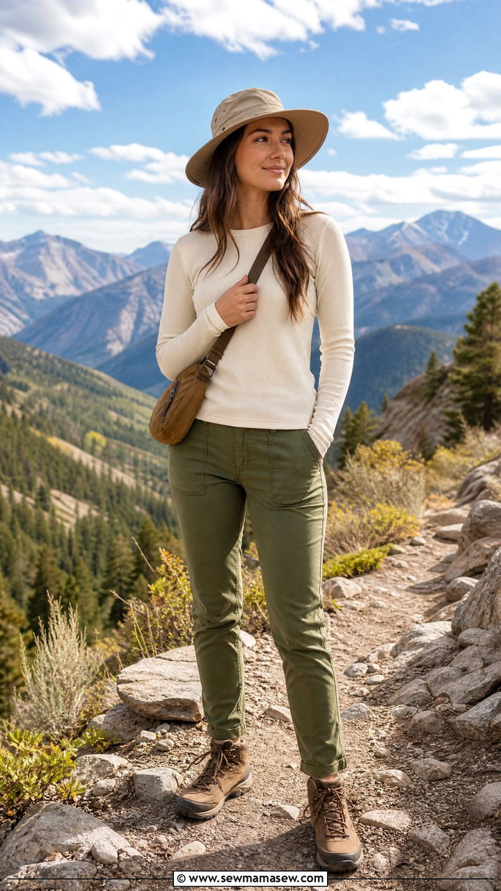 Long sleeve thermal top with hiking pants and trail boots - 25 Modest outfit ideas for mountain trip