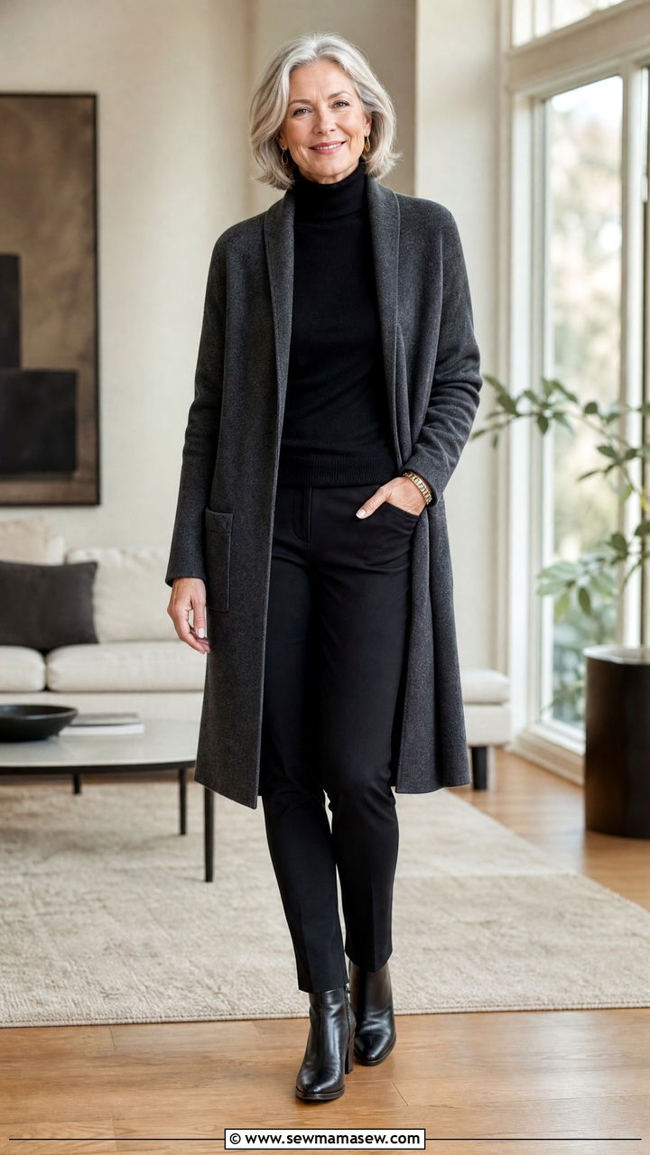 Long structured cardigan and slim fit turtleneck outfit over 60 - 20 Fashion mistakes to avoid over 60