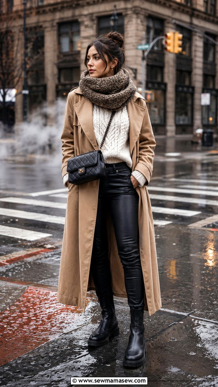 Long trench coat with a cable knit sweater and coated jeans - 30 Long trench coat outfit ideas for rain
