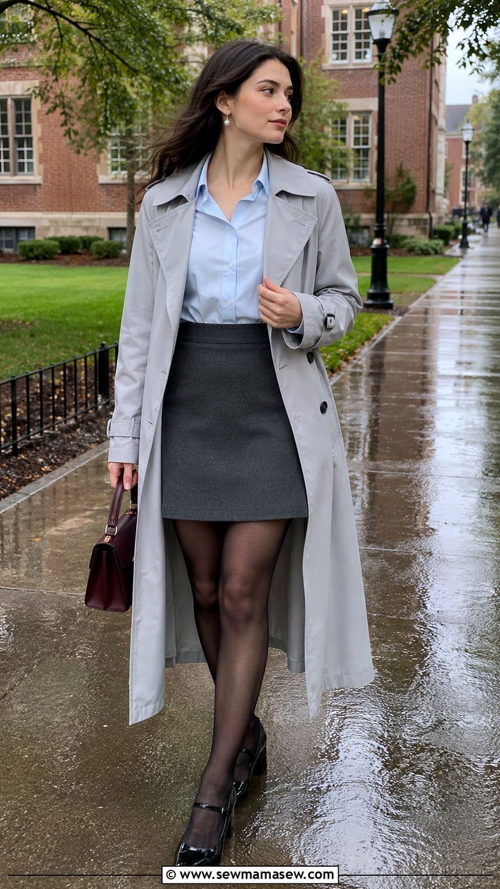 Long trench coat with a collared blouse and a line mini skirt - 30 Long trench coat outfit ideas for rain
