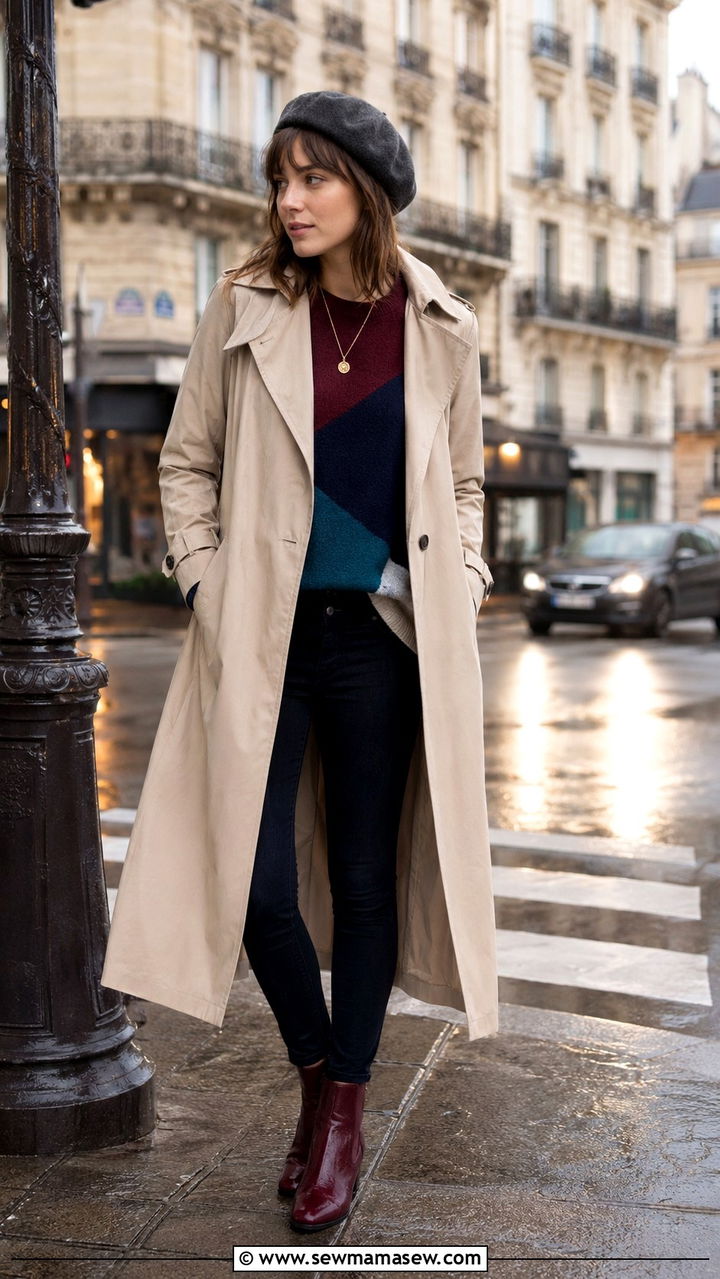 Long trench coat with a color blocked sweater and burgundy boots - 30 Long trench coat outfit ideas for rain