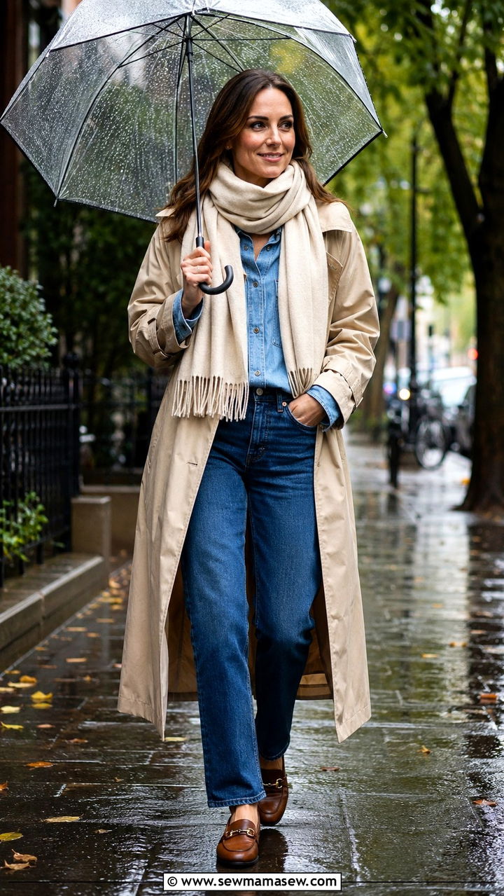 Long trench coat with a denim on denim base and loafers - 30 Long trench coat outfit ideas for rain