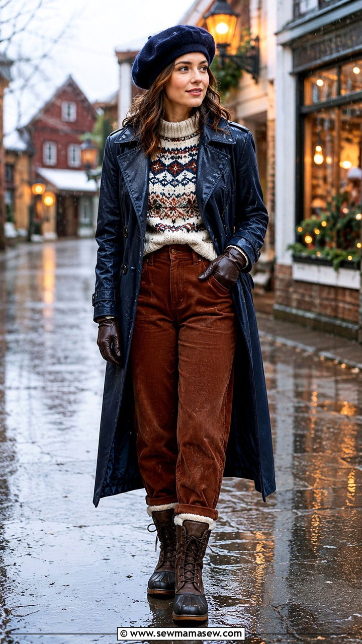Long trench coat with a fair isle sweater and cords - 30 Long trench coat outfit ideas for rain