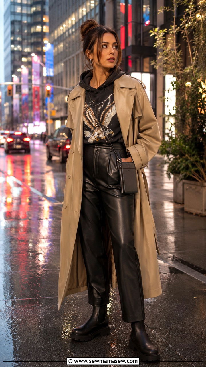 Long trench coat with a graphic hoodie and faux leather pants - 30 Long trench coat outfit ideas for rain