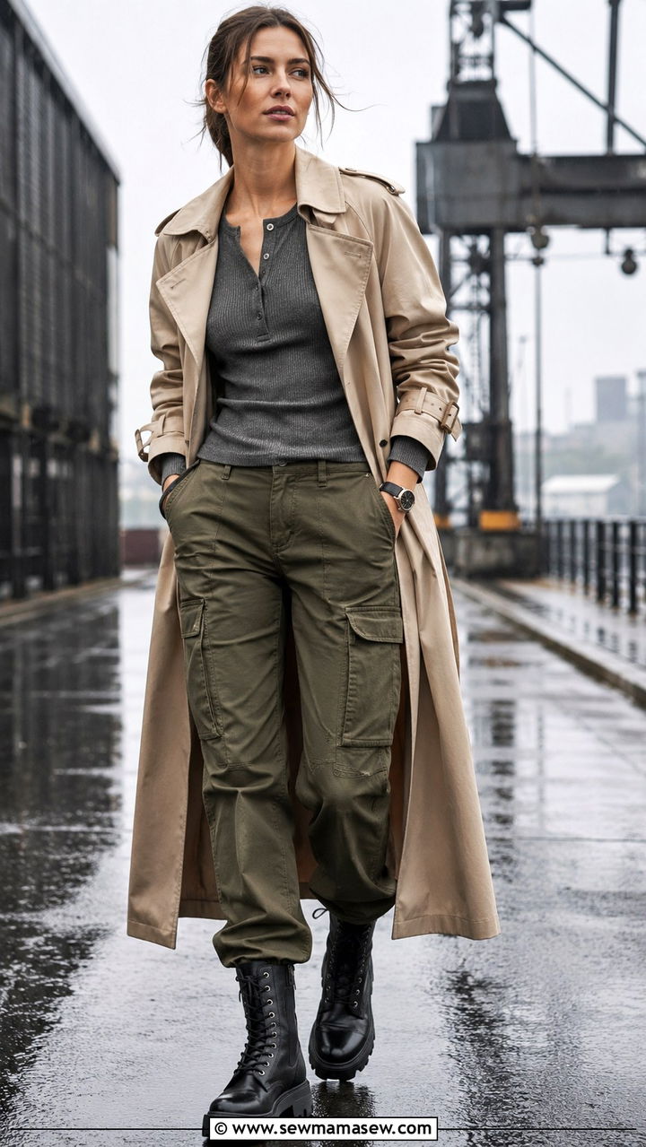 Long trench coat with a henley and cargo pants - 30 Long trench coat outfit ideas for rain