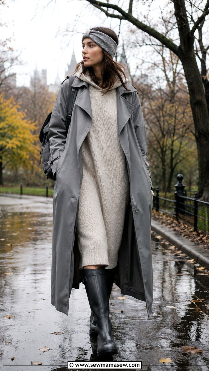Long trench coat with a hooded knit dress and knee high rain boots - 30 Long trench coat outfit ideas for rain
