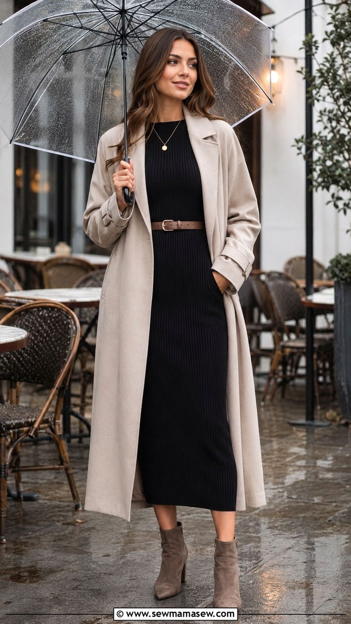 Long trench coat with a knit midi dress and heeled ankle boots - 30 Long trench coat outfit ideas for rain
