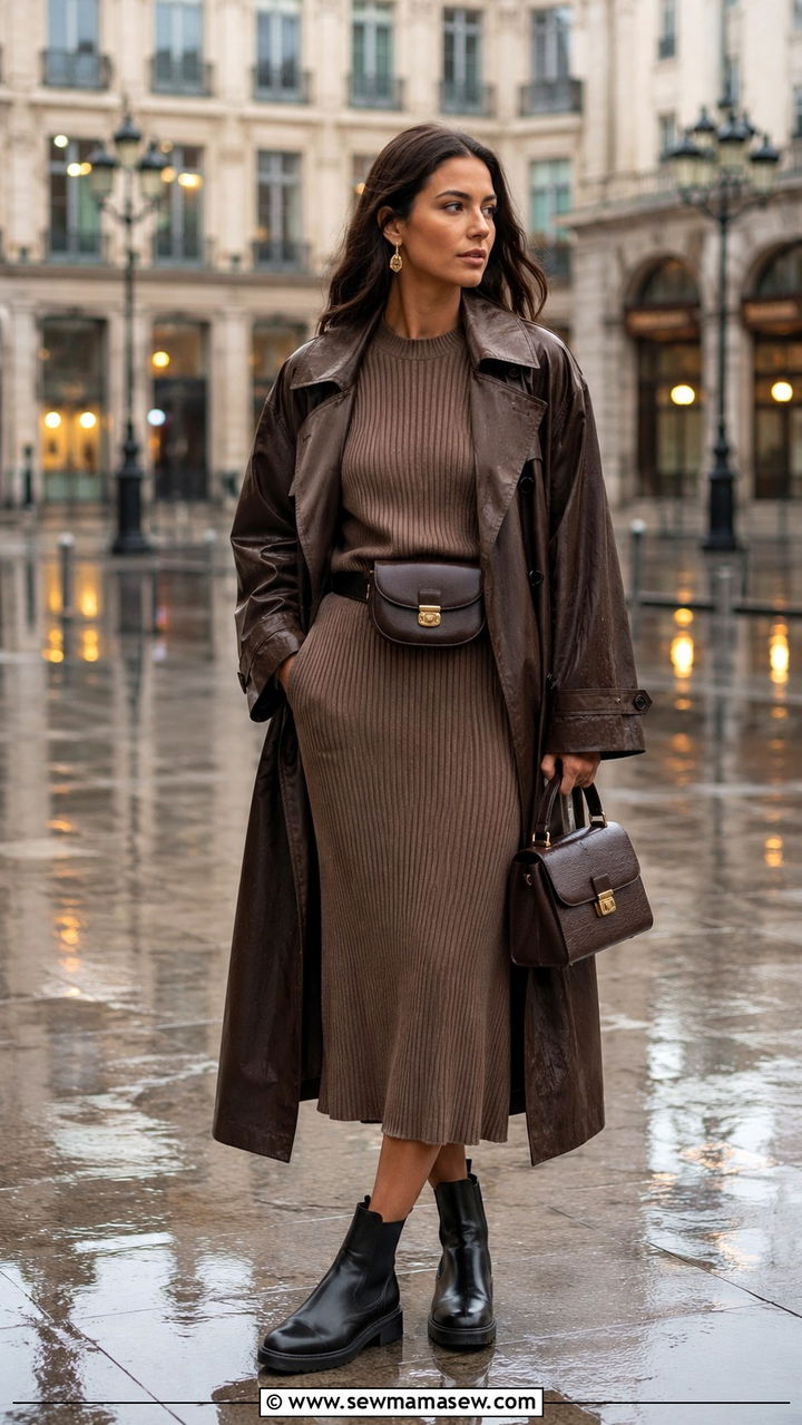 Long trench coat with a matching co ord and sleek chelsea boots - 30 Long trench coat outfit ideas for rain