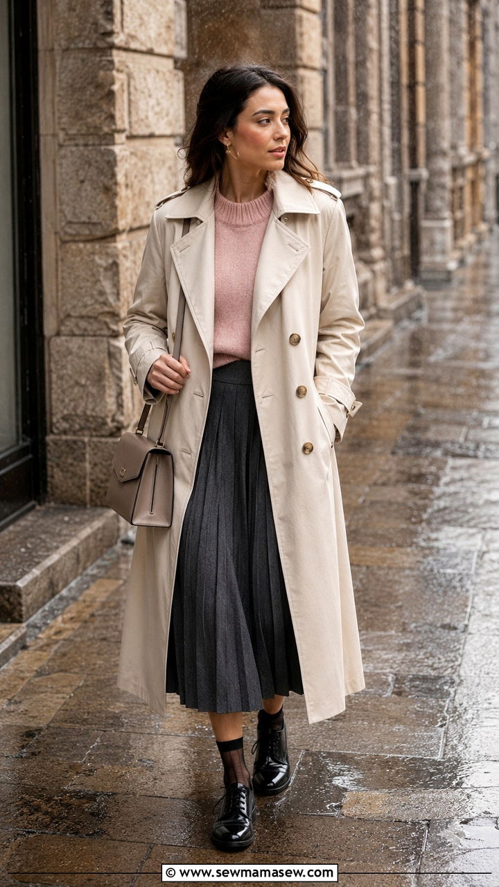Long trench coat with a pleated midi skirt and sheer socks - 30 Long trench coat outfit ideas for rain