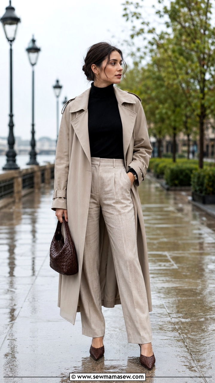 Long trench coat with a polo neck and linen blend trousers - 30 Long trench coat outfit ideas for rain