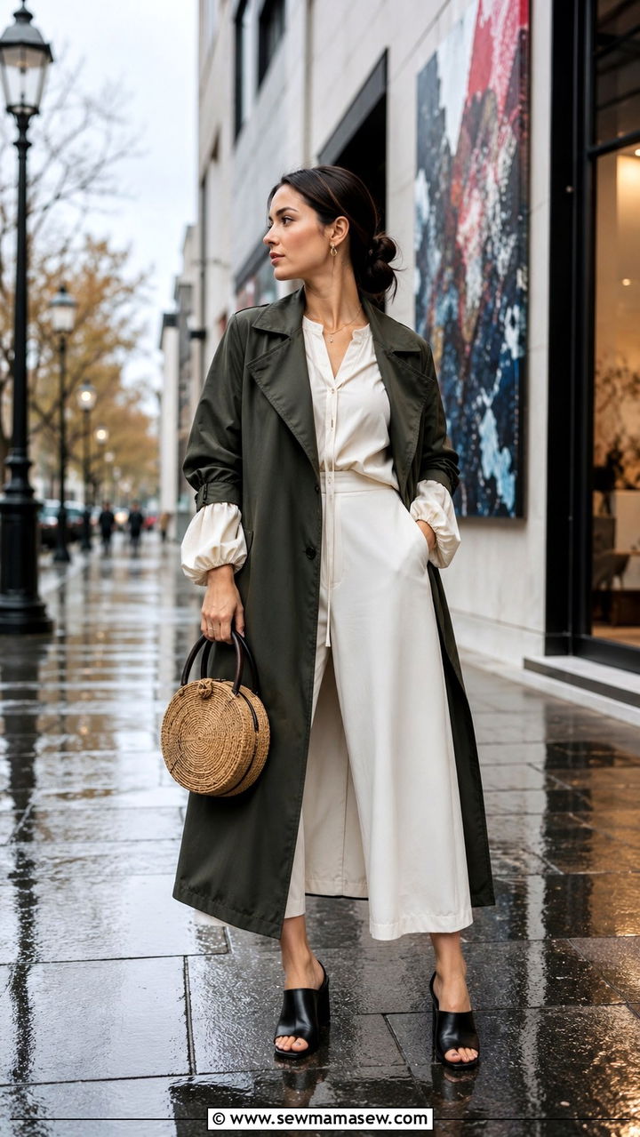 Long trench coat with a puff sleeve blouse and wide leg culottes - 30 Long trench coat outfit ideas for rain