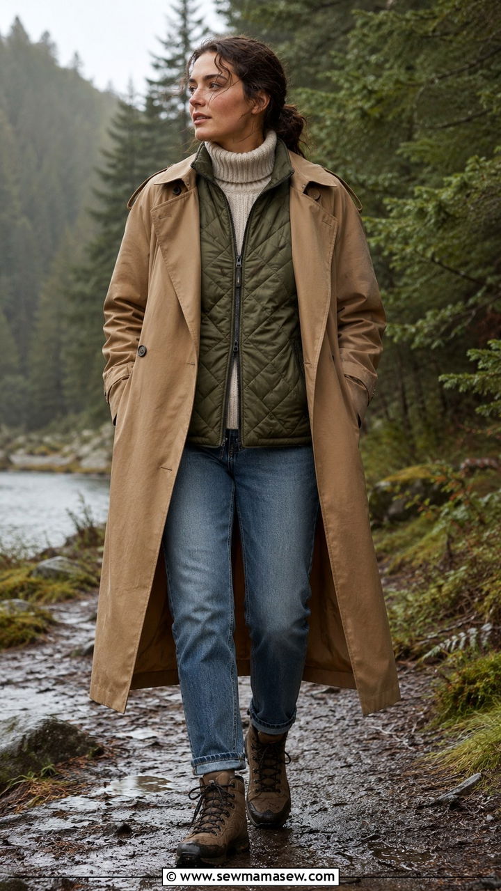 Long trench coat with a quilted vest layered underneath - 30 Long trench coat outfit ideas for rain