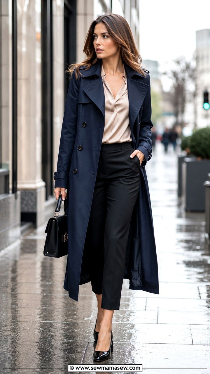Long trench coat with a satin blouse and tailored cropped pants - 30 Long trench coat outfit ideas for rain