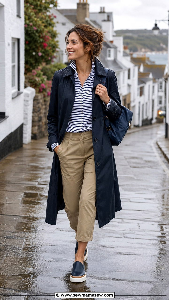 Long trench coat with a striped poplin shirt and cropped chinos - 30 Long trench coat outfit ideas for rain