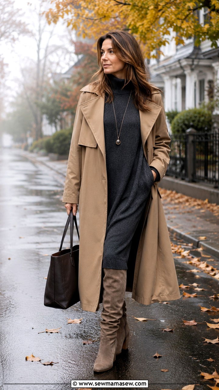 Long trench coat with a sweater dress and slouchy knee boots - 30 Long trench coat outfit ideas for rain