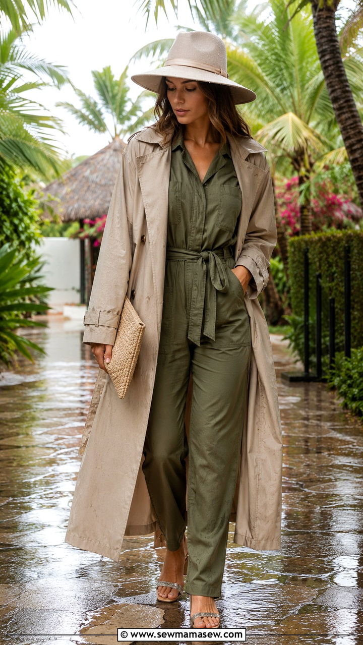 Long trench coat with a tie waist jumpsuit and heeled sandals - 30 Long trench coat outfit ideas for rain