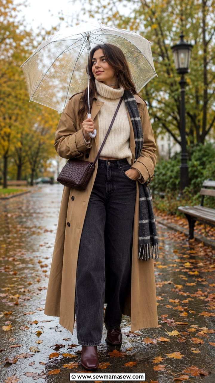Long trench coat with a turtleneck sweater and barrel leg jeans - 30 Long trench coat outfit ideas for rain