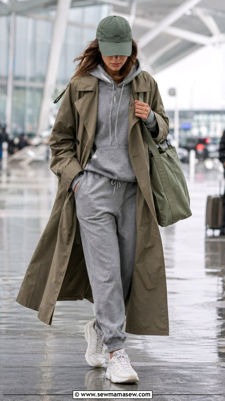 Long trench coat with joggers and chunky dad sneakers - 30 Long trench coat outfit ideas for rain