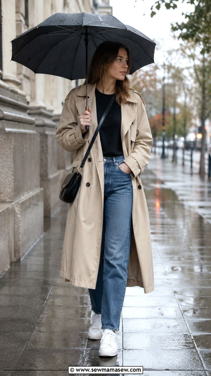 Long trench coat with straight leg jeans and white sneakers - 30 Long trench coat outfit ideas for rain