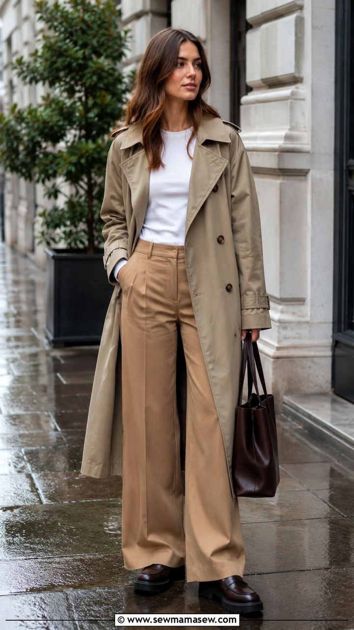 Long trench coat with wide leg trousers and platform loafers - 30 Long trench coat outfit ideas for rain