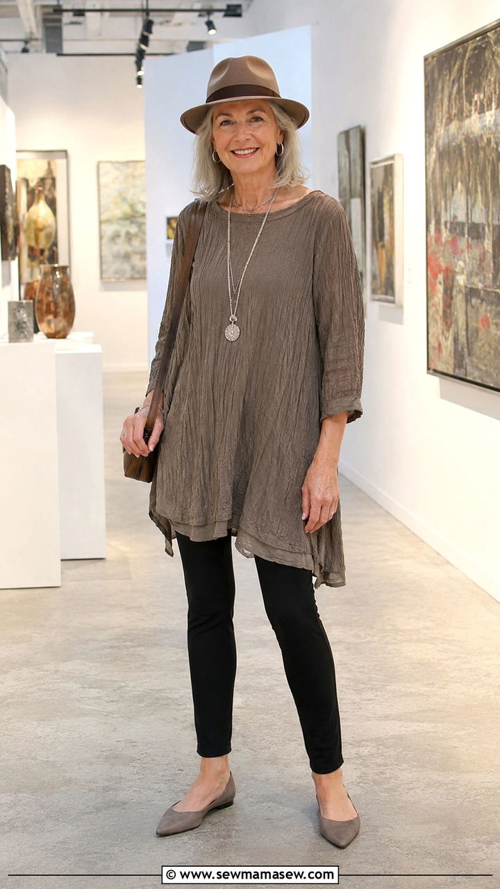 Long tunic blouse with black leggings and a felt fedora - 30 Plus size outfit ideas for women over 60