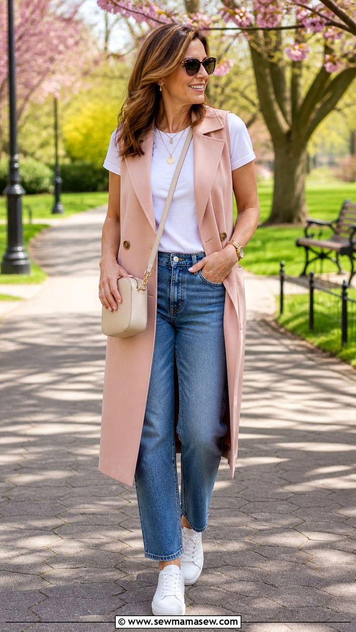 Long vest over jeans and white tee spring outfit - 40 Spring outfit ideas for women over 40 2026