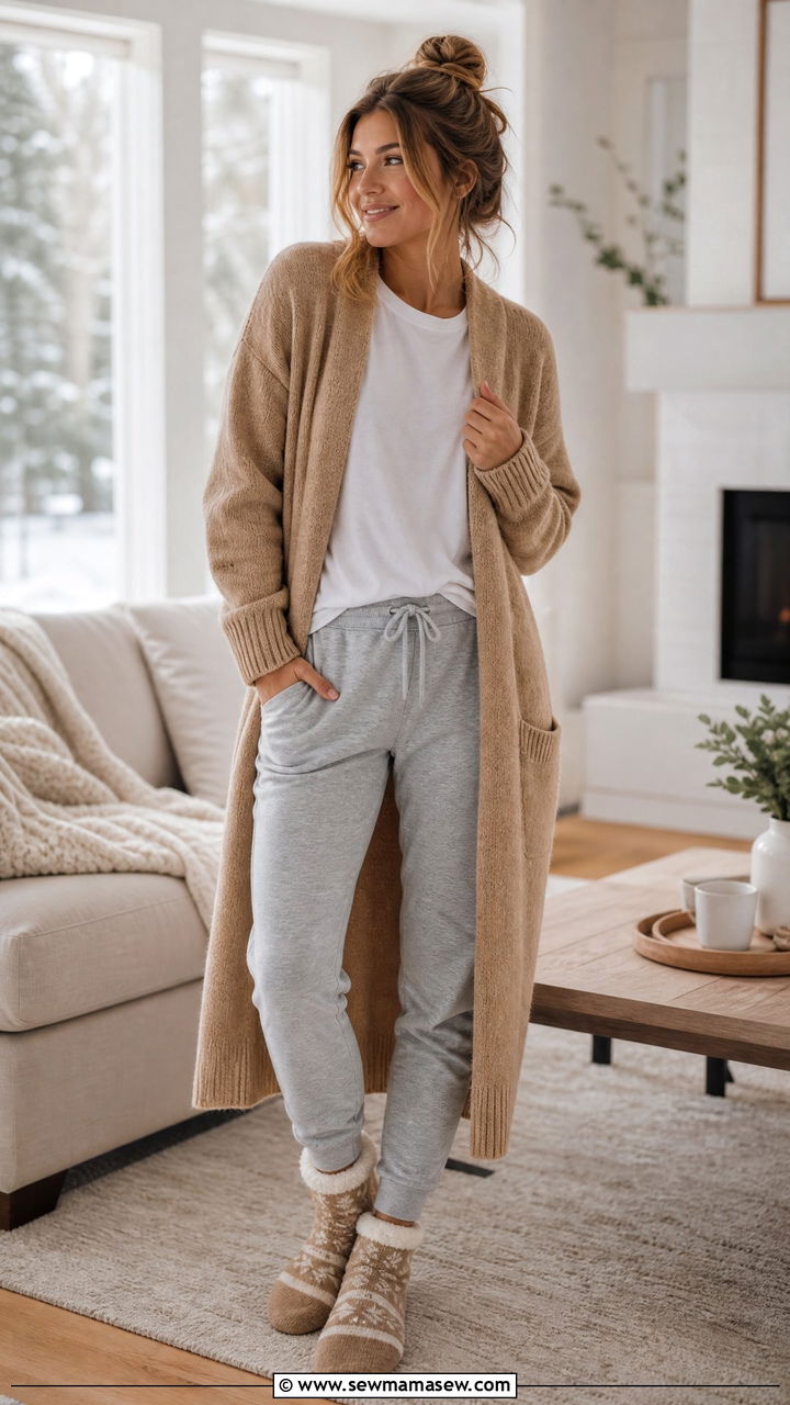 Long wool cardigan with plush joggers - 35 Hygge loungewear outfit ideas