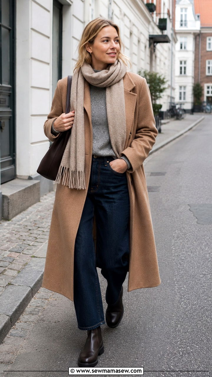 Long wool coat and cashmere scarf outfit - 30 Danish cozy outfit ideas